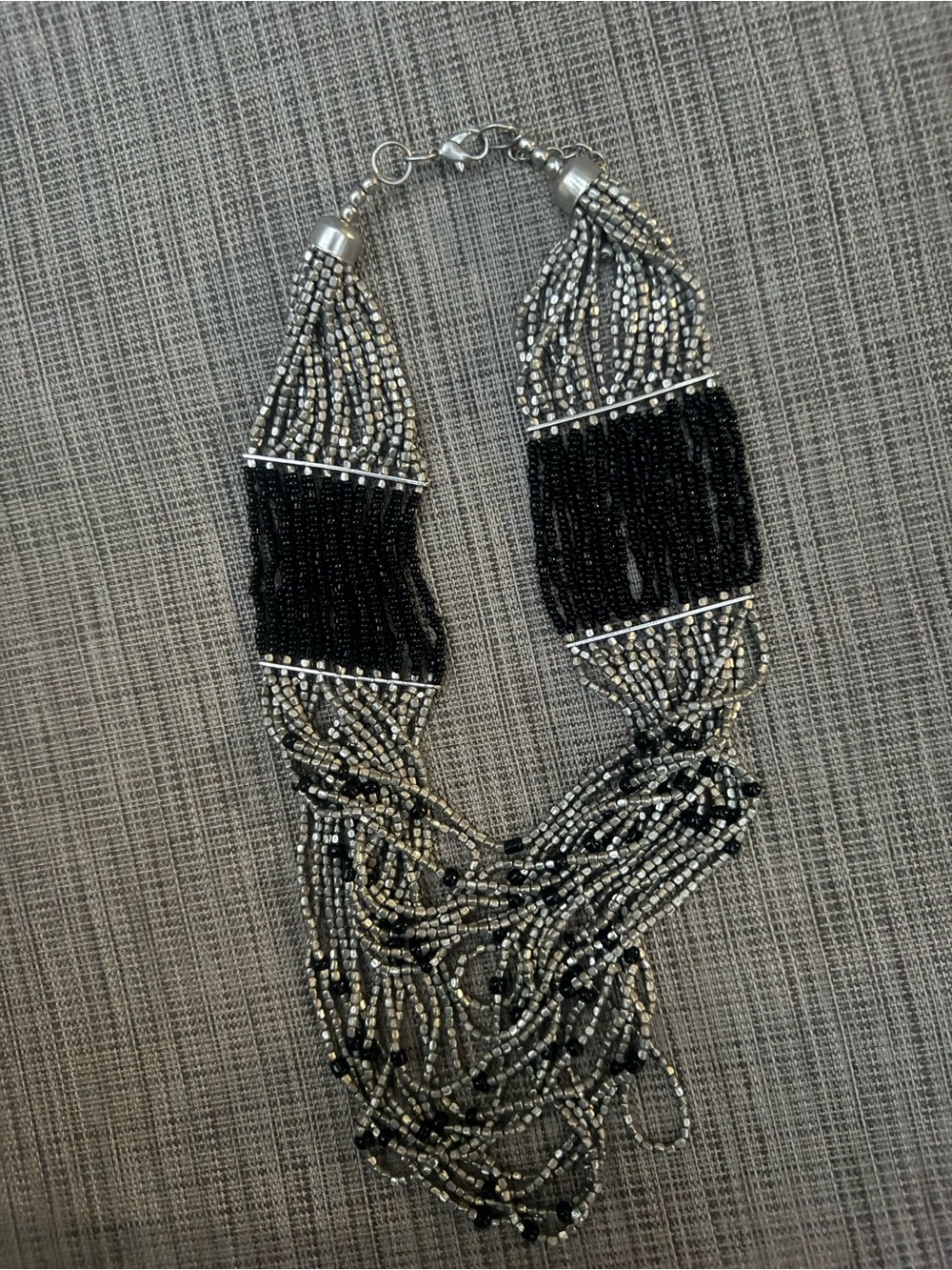 Black and Silver Multi-Strand Beaded Statement Necklace